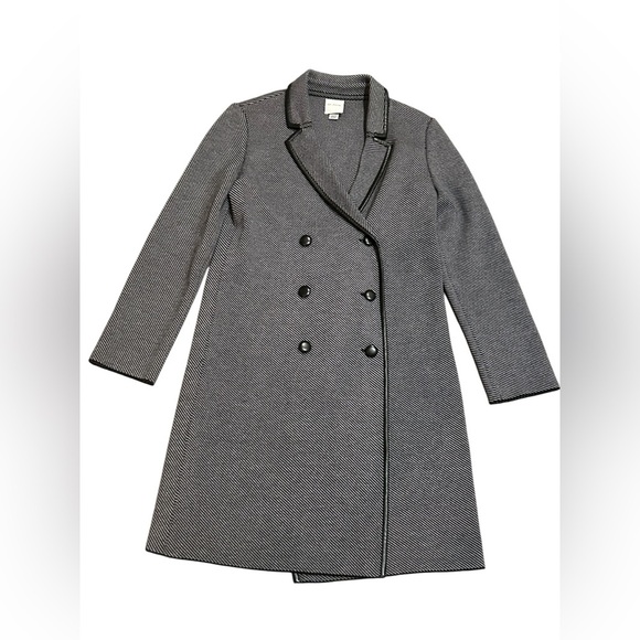 St John Graphic Twill Knit Double Breasted Trench Coat Grey Black Read - Picture 1 of 5